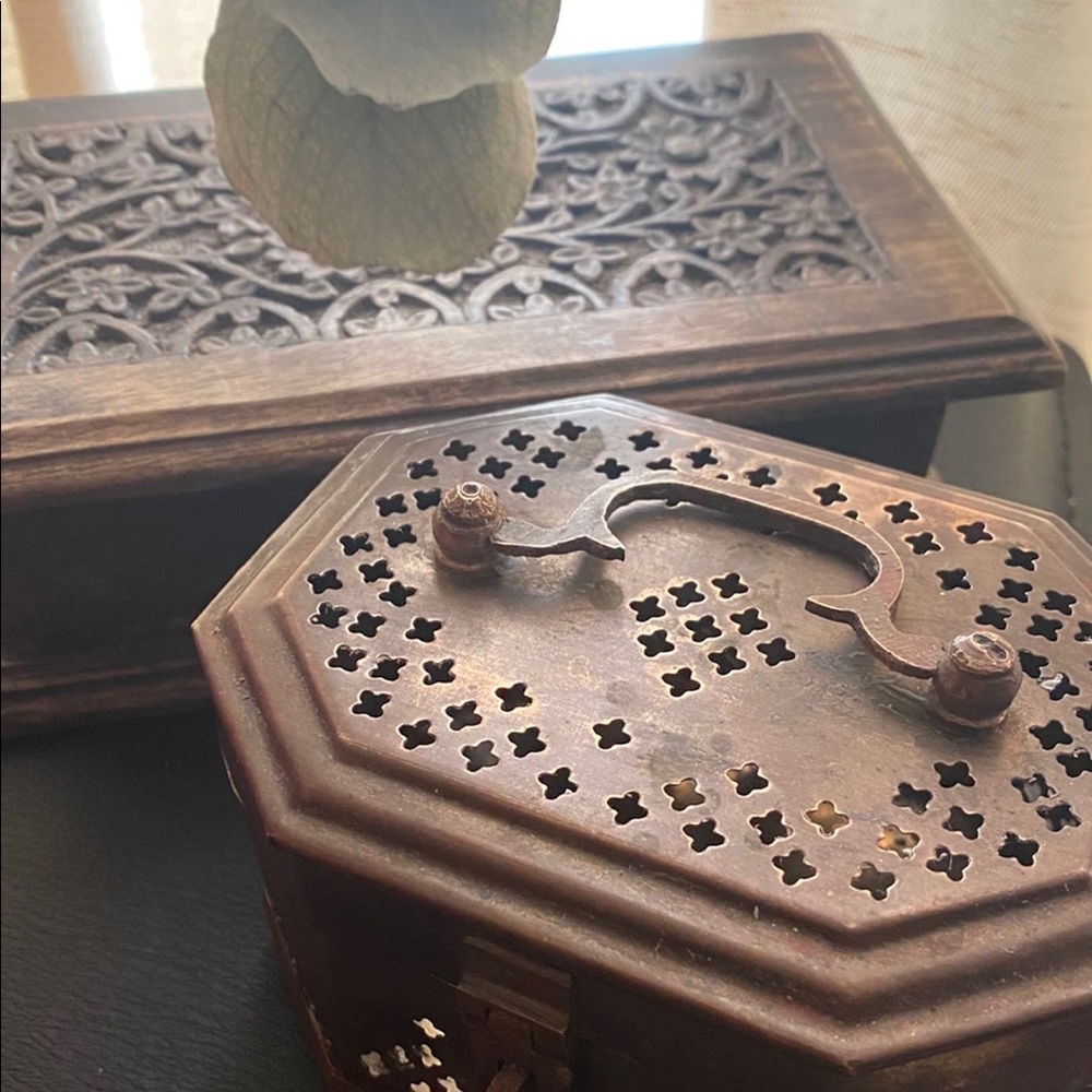 Boho Hippie Shabby Jewelry Storage Box Container Set Metal Carved Wooden Mirror